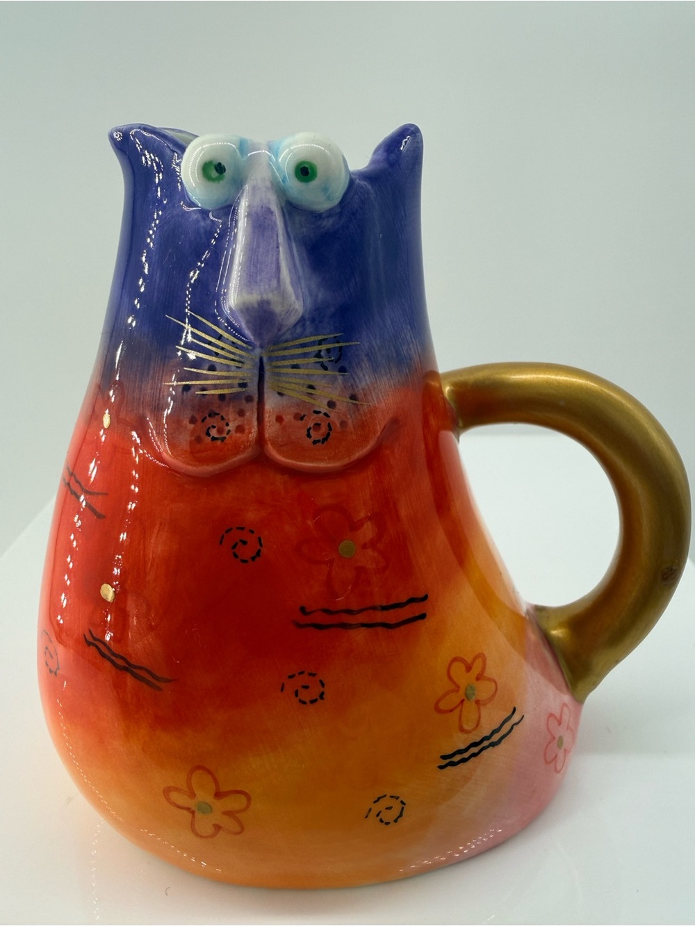 Ceramic Cat Bowl in Purple and Orange with Gold Handle